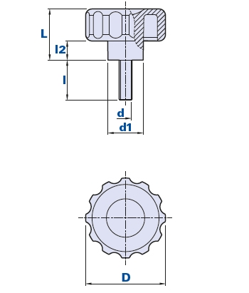 Bouton cannelé avec tige filetée