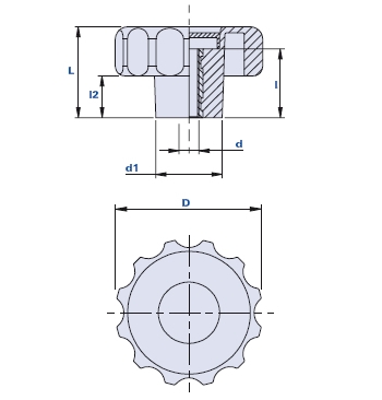 Bouton cannelé avec douille à filetage traversant