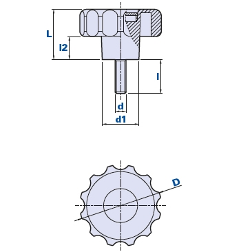 Bouton cannelé avec tige filetée
