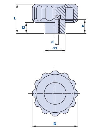 Bouton cannelé avec douille filetée borgne